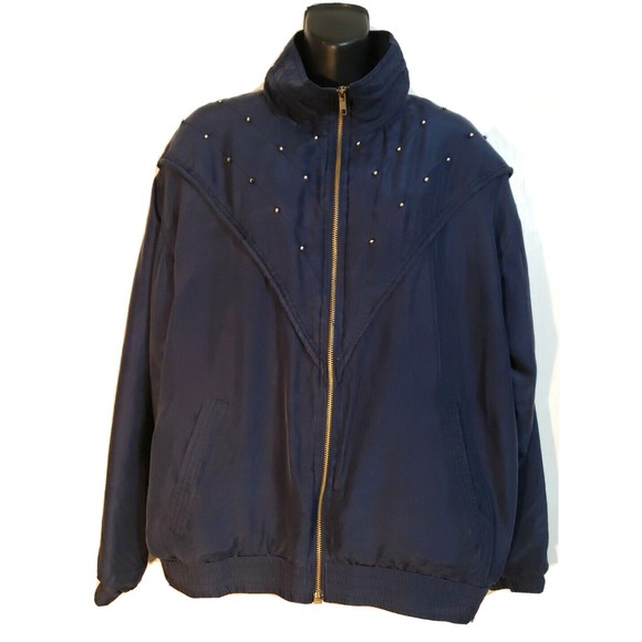 Vintage Div Rousso Silk Bomber Jacket Jogger Windbreaker Dark Blue Studded MED. - Picture 4 of 11